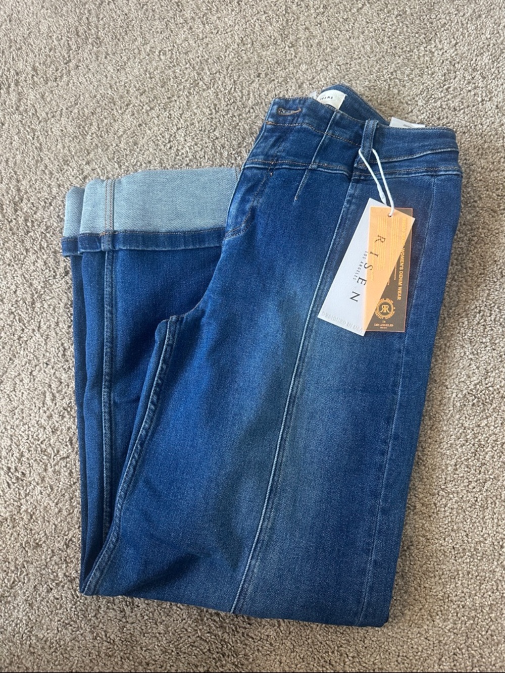 Risen High Rise Dark Wash Wide Leg Stretch Jeans with Front Yoke Detail - 11/30